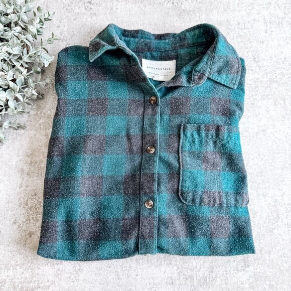 Aeropostale Teal and Black Plaid Button Down Top Size Medium - Picture 1 of 6